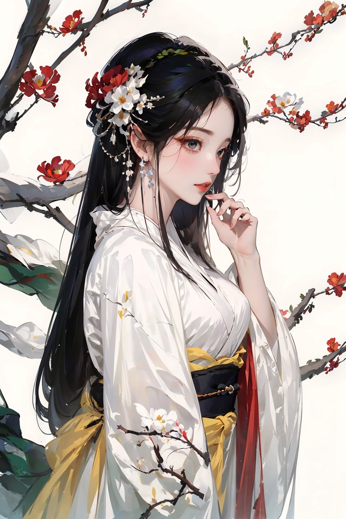 masterpiece, best quality, 8k, cinematic light, ultra high res, chinese painting, 1girl, solo, flower, hair ornament, whit...
